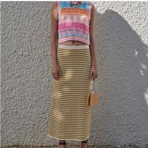 ZARA Women's Crotchet Lined Boho Maxi Skirt Stretch Waist Chevron Size S